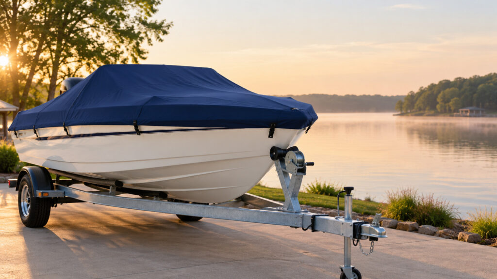 Custom-fit navy boat cover on a trailered boat, boat covers in Oshawa, Ontario