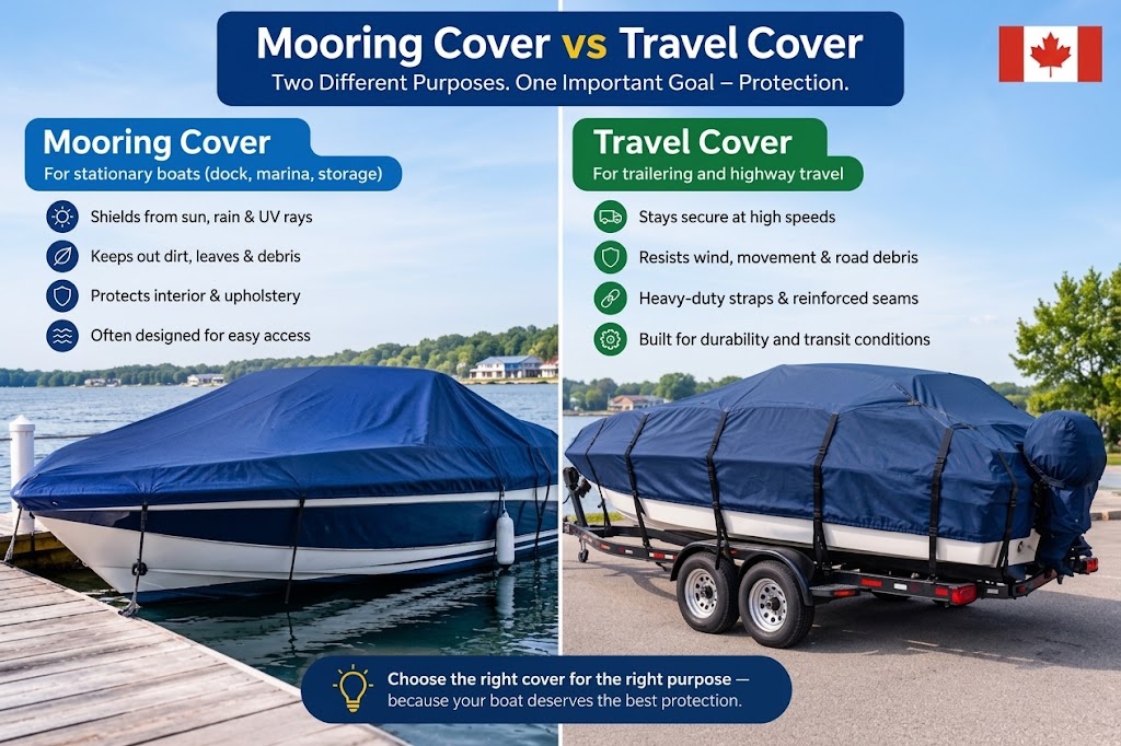 Mooring cover vs travel cover for boats in Oshawa Ontario