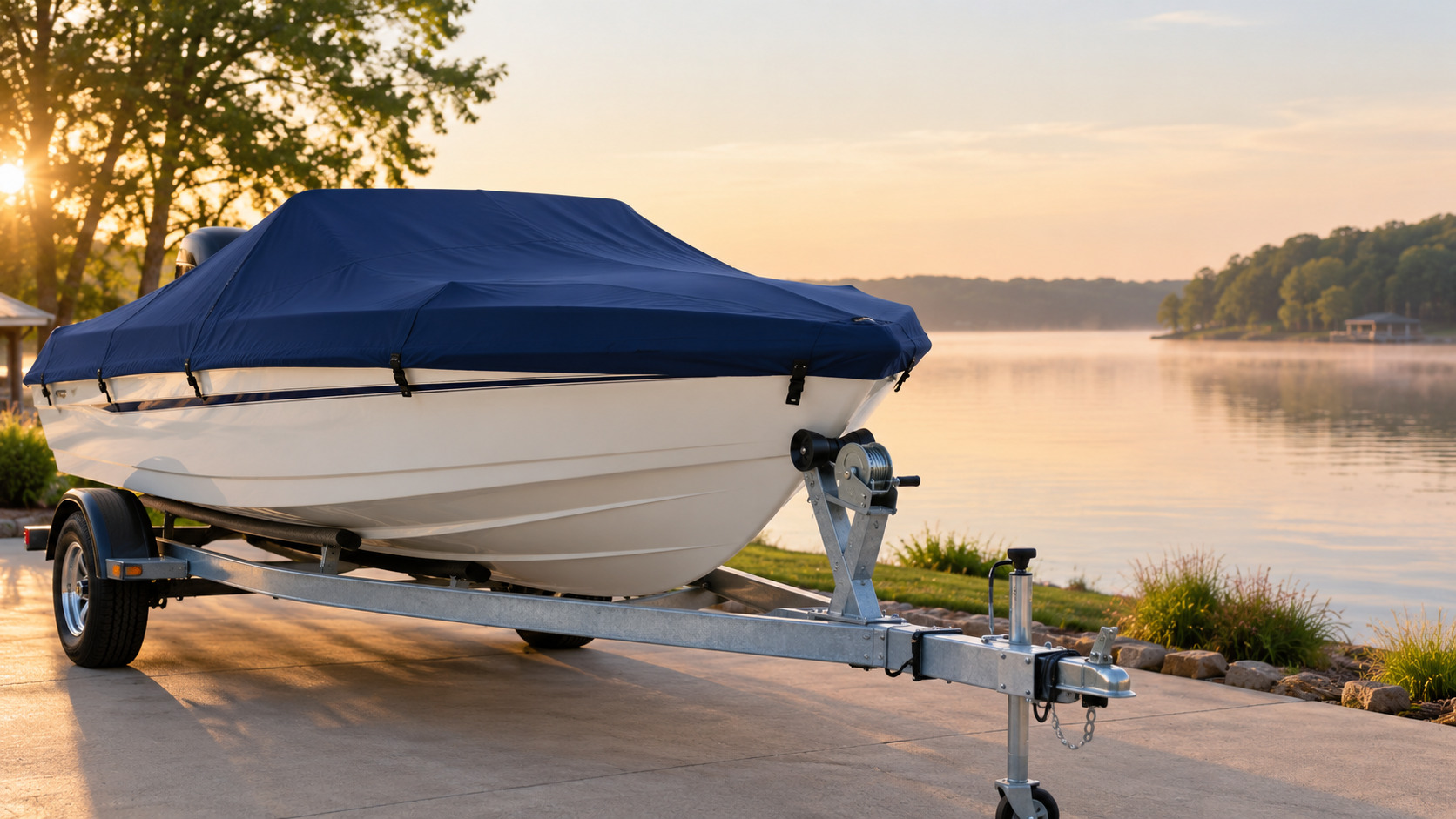 Custom-fit navy boat cover on a trailered boat, boat covers in Oshawa, Ontario