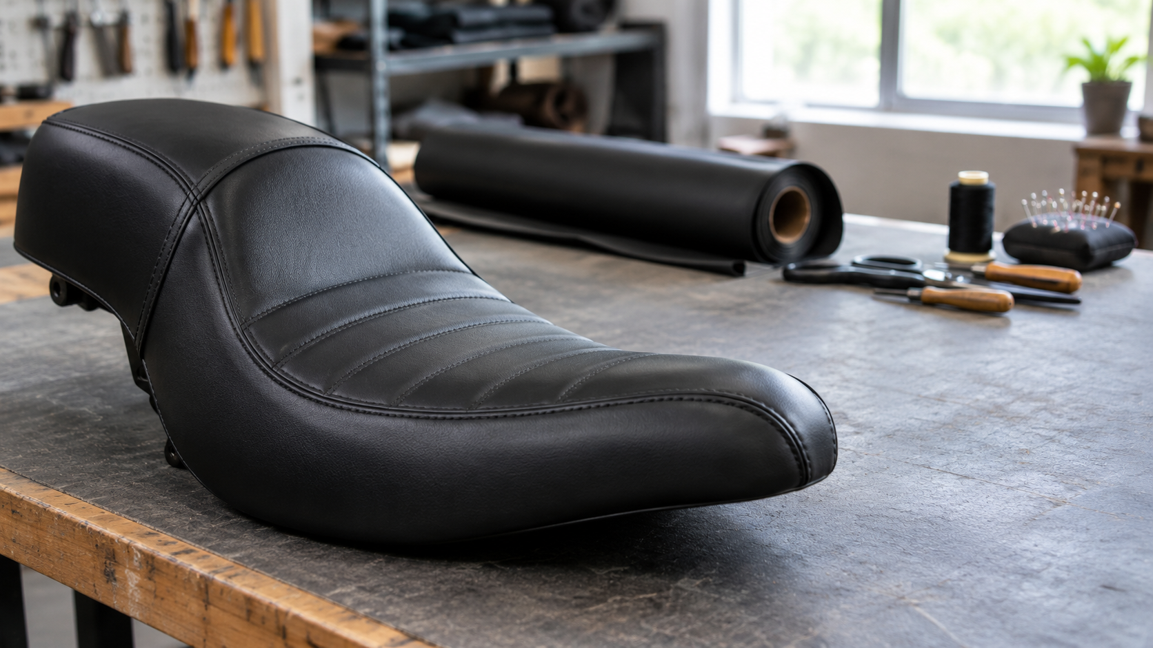 Motorcycle seat repair Oshawa Ontario, recovered black vinyl bike seat